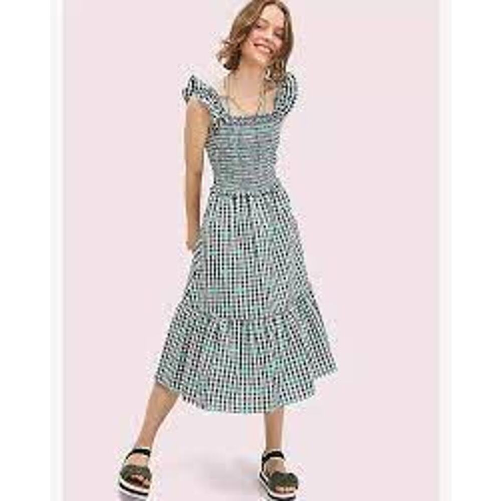 Kate Spade Gingham Voile Smocked Dress Ruffle Embroidered Women Summer Small